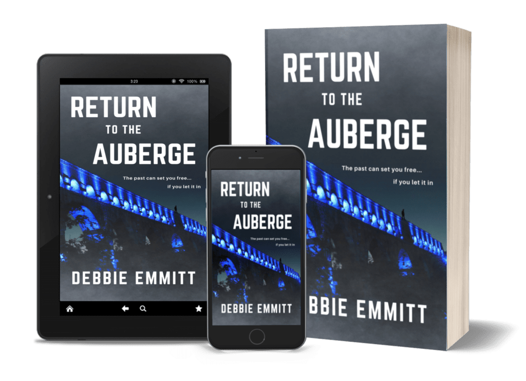 3D image of book cover of Return to the Auberge by Debbie Emmitt on tablet, smartphone and paperback book