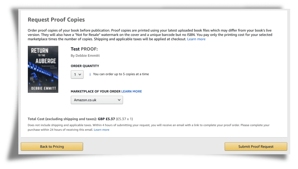 Amazon KDP screenshot showing proof ordering options of quantity and marketplace location