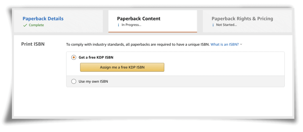 Amazon KDP screenshot showing ISBN button