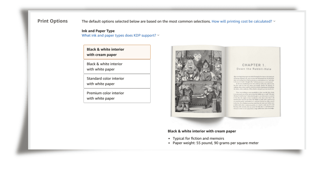 Amazon KDP screenshot showing paper and print options