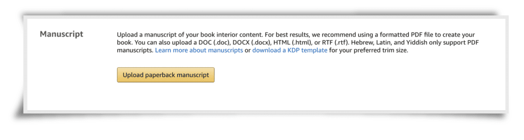 Amazon KDP screenshot showing button to upload manuscript