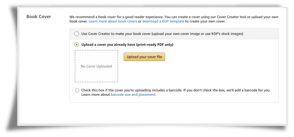 Amazon KDP screenshot showing book cover upload section