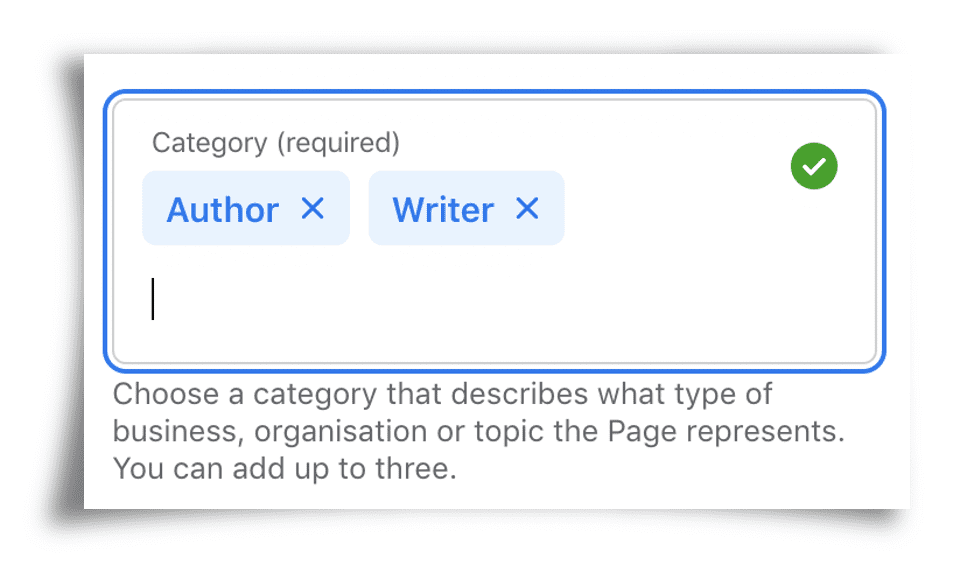 Screenshot of Facebook showing categories of 'Author' and 'Writer' selected