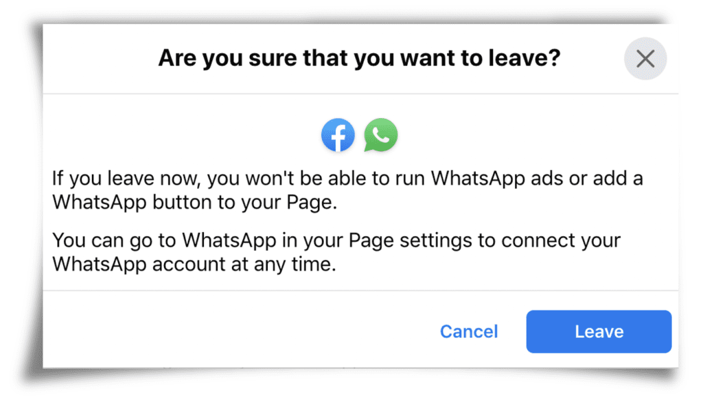 Screenshot of Facebook showing confirmation message about not linking Facebook page with WhatsApp