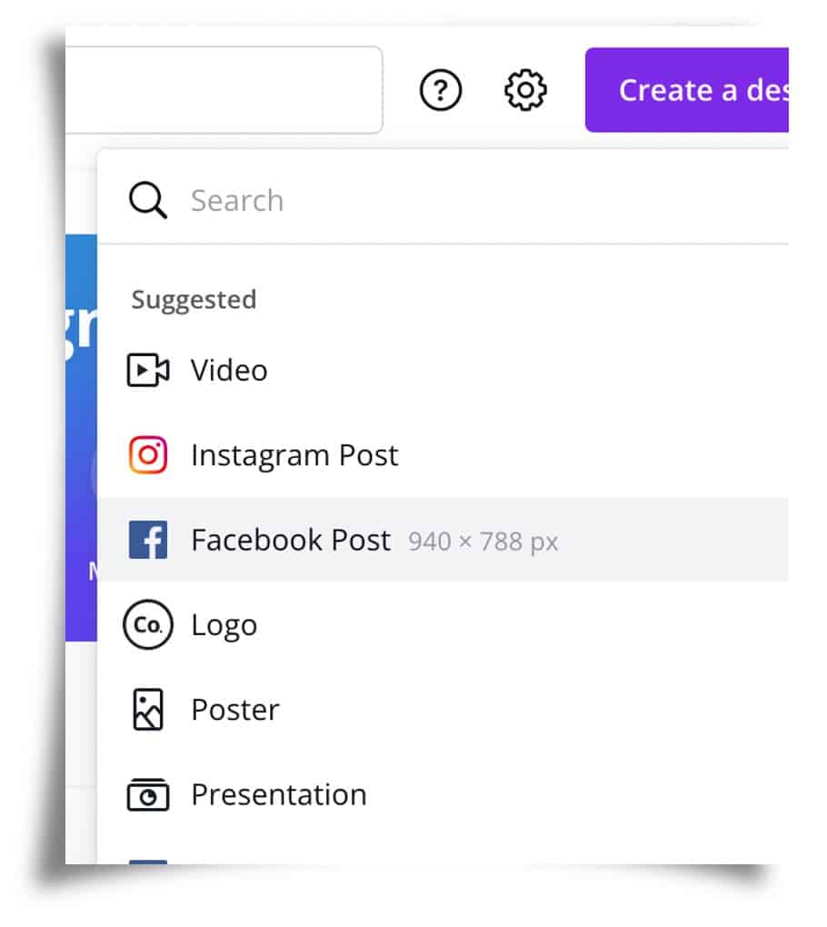 Screenshot of canva.com highlighting the Facebook Post option
