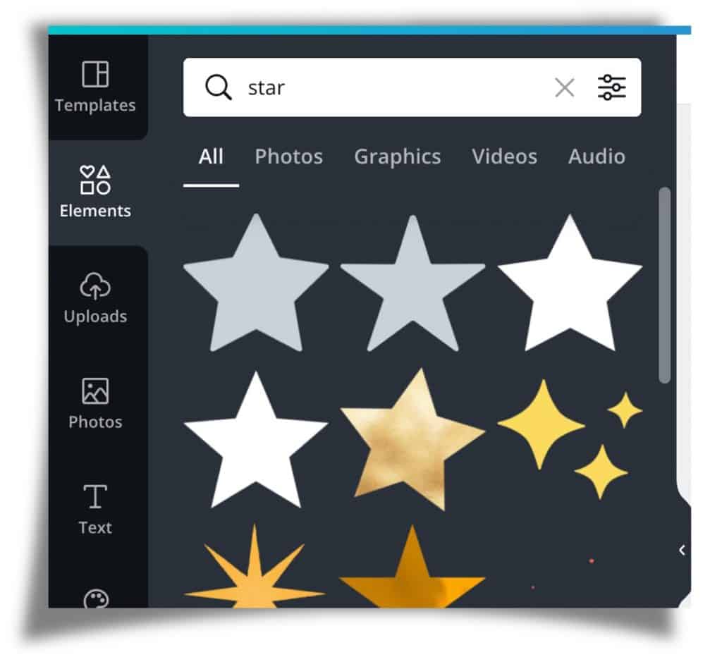 Screenshot of canva.com showing 'star' search results
