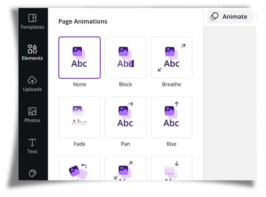 Screenshot of canva.com showing animation options
