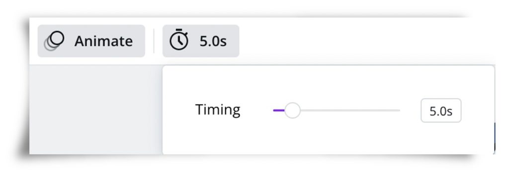 Screenshot of canva.com showing slider to adjust animation timing