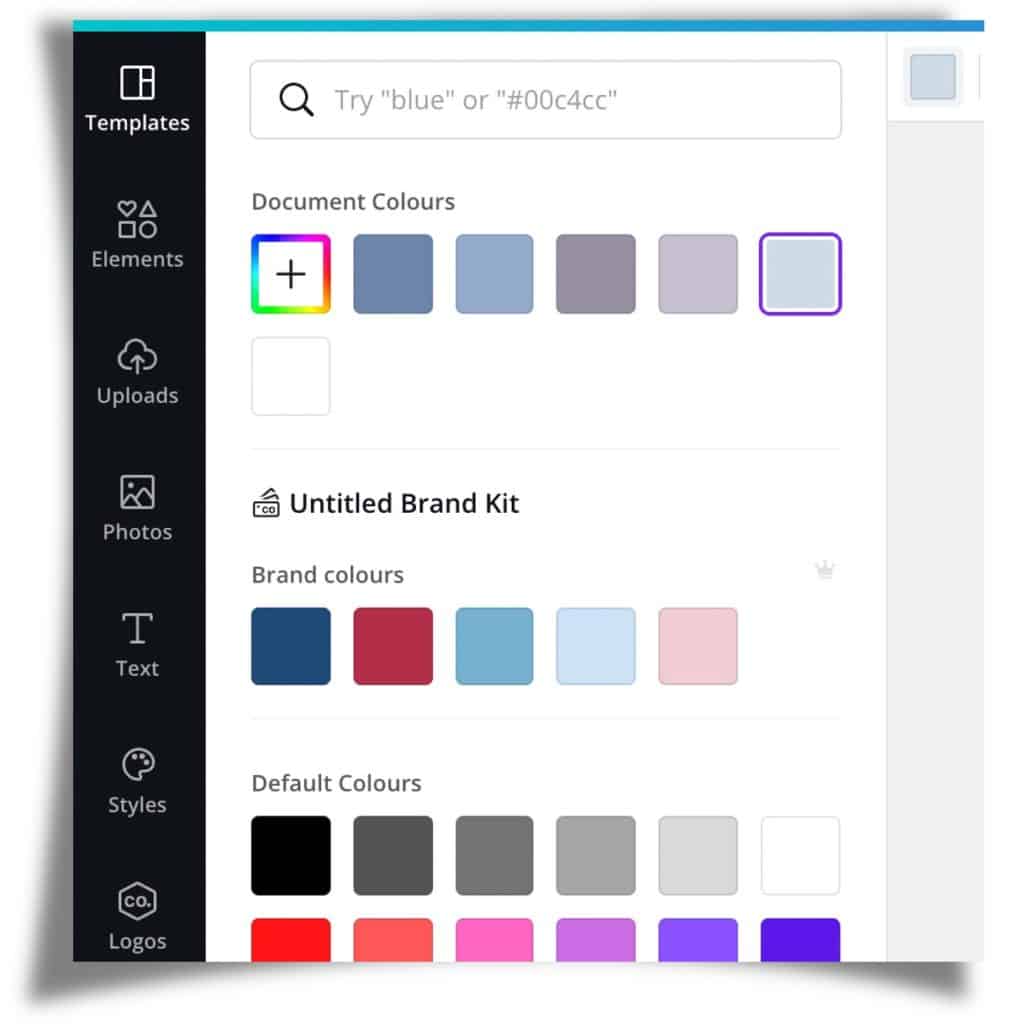 Screenshot of canva.com showing colour palette