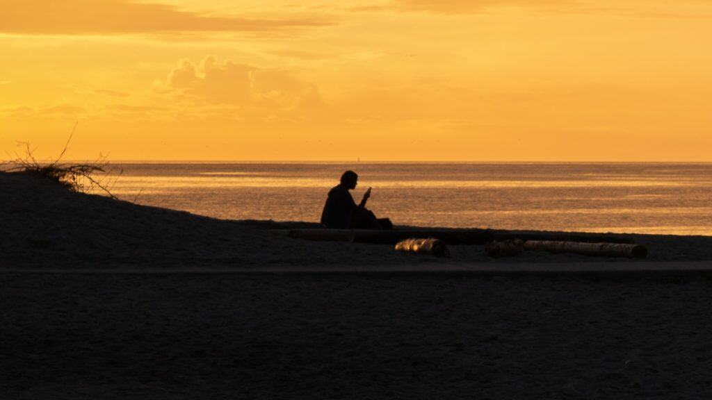 Person in silhouette, reading by the sea as the sun is setting