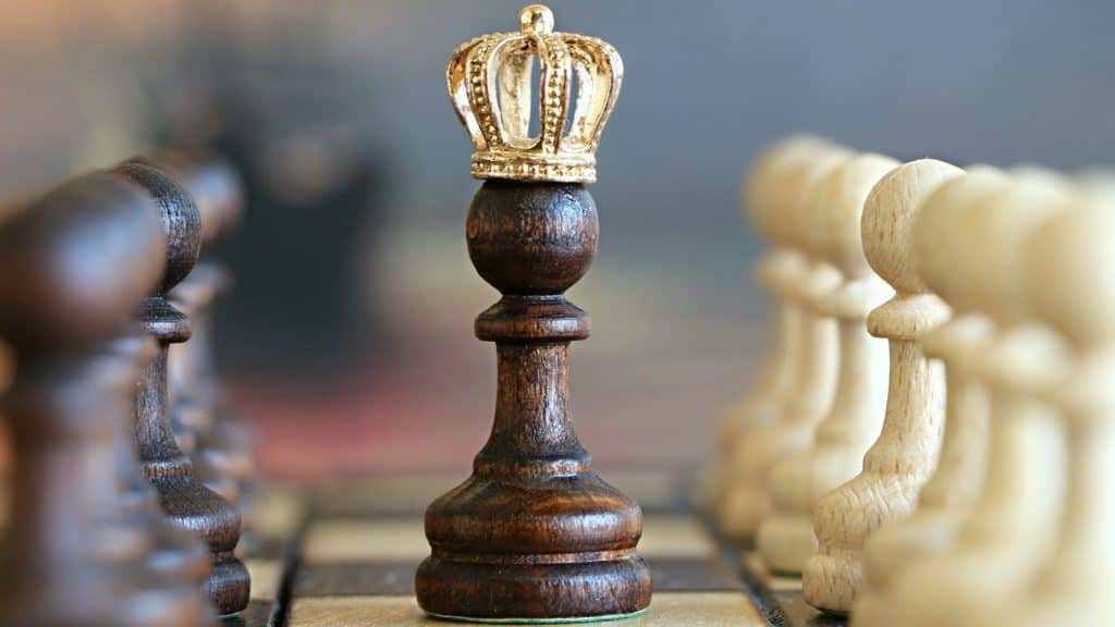 Brown wooden chess pawn piece wearing a crown