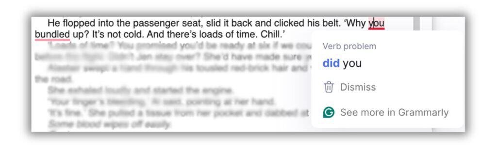 Screenshot from Google Docs showing Grammarly correcting dialogue 'Why you bundled up?' to 'Why did you bundle up?'